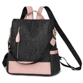 Damenrucksack aus schwarzem geprägtem Leder mit rosa Kontrastdetails - Schwarz