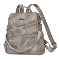 Fashionable smoke grey PU leather backpack for women with textured finish and side pockets - Gray
