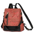 Chinese style women backpack with red gold cloud pattern and black leather straps - Red