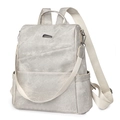 Chic light grey PU leather backpack for women with wide fabric straps and metal accents - Light Gray