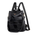 Elegante mochila de cuero PU negro con diseño de patchwork geométrico y detalles dorados - Negro