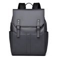 Detail of dark grey backpack with leather buckle straps and white contrast stitching - Simple Grey