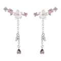Elegant S925 silver flower tassel earrings with white shell petals and pink gemstones - Flower Ear Cuff Earrings