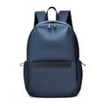 Front view of a navy blue waterproof business backpack with minimalist black leather trim - Simple Blue