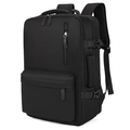 Side view of black nylon travel backpack showing multi-compartments and side buckles - Black