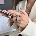 Close-up of retro S925 silver ring with engraved letters on finger with matching jewelry - Adjustable Open / Silver Letter Relief (S-R858)