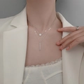 Minimalist double-layer silver necklace with round zircon and vertical bar pendants - Platinum Silver Double Layer Necklace