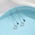S925 silver whale drop earrings with blue crystal teardrops and sparkling rhinestones - Rhinestone Whale Long Dangle Earrings