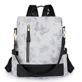 Mochila moderna de nailon con estampado de mariposas grises y diseño de contraste negro - Blanco con mariposa gris (Púrpura)
