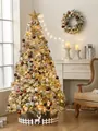 Árbol de Navidad nevado 1,5m con 70 adornos dorados, luces cálidas y falda de reno - Set Árbol Nevado 150cm Oro Café