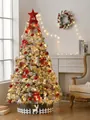 180cm red themed Christmas tree set with LED lights and white reindeer fence base - 180cm Snow Tree Set Red White