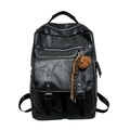 Mochila vintage negra de cuero para estudiantes con varios bolsillos y colgante de oso - Negro