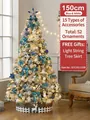 150cm snow-flocked Christmas tree decorated with blue and silver ornaments and LED lights - 150cm Snow Tree Set Blue White