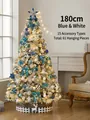 Blue and white 1.8m snowy Christmas tree with LED lights and 61-piece ornament set - 180cm Snow Tree Set Blue White