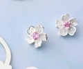 Japanese style cherry blossom earrings with pink gemstone and matte silver finish - Pink Sakura Stud Earrings