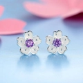 Japanese style cherry blossom silver stud earrings with purple zircon stone inlay - Purple Sakura Stud Earrings