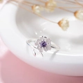 Japanese style cherry blossom silver ring with purple zircon center and matte petals - Purple Sakura Open Ring