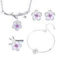 Silver jewelry set with cherry blossom design including necklace, ring and earrings - Purple Sakura 4-Piece Jewelry Set