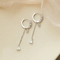 Silver long chain hoop earrings with teardrop zircon drop on soft beige background - Waterdrop Long Chain Ear Hoop