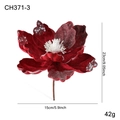 Red 15cm velvet magnolia flower with sparkling white glitter and beads for Christmas decor - Red