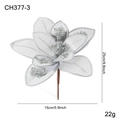 15cm glittery silver artificial fabric Christmas flower decoration with long brown stem - Silver