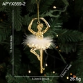 Golden ballet girl ornament with white feather skirt hanging on a Christmas tree - Gold