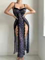 Detail of sheer leopard print mesh dress with black lace trim and high side slits - S / Blue Leopard