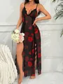 Detail of sheer black mesh nightgown with red rose patterns and delicate lace trim - S / Red Floral