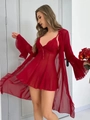 Two-piece red lace nightgown and sheer mesh robe set with deep V-neck and bow detail - S / Burgundy