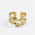 Detail of gold open ring featuring unique double-layer design and irregular lava texture - Parallel Double Band Lava Pattern Style (R384)