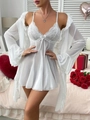Sexy white lace and mesh two-piece lingerie set featuring a V-neck and ruffled robe - S / White