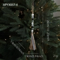 Christmas wooden bead garland with green, white, plaid beads and burlap tassel - Black White Buffalo Plaid Rustic Style (APYX657-4)