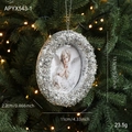 Addobbo natalizio ovale con paillettes argento e immagine vintage di angelo con cordino - Cornice Tonda Argento