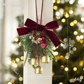 Christmas velvet bow pendant with pine cones berries and gold bells for holiday decor - Red Velvet Three Bells Style (APYX666-1)