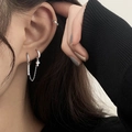 Close-up of silver double-loop chain earrings with cross and zircon bar pendant - Double Piercing Chain Cross (White Gold) / White Gold