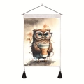Nordischer Wandbehang mit niedlicher Aquarell-Eule, Brille und Kaffeetasse für Deko - 35x50cm / Süße Eule mit Kaffeebrille