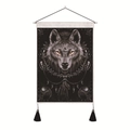 Detail of Nordic wolf tapestry with feathers, wooden pole and decorative black tassels - 35x50cm / Tribal Wolf Head Style (Style-1)
