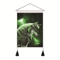 Detail of wolf tapestry featuring fluorescent green eyes and nebula stars with black tassels - 35x50cm / Green Starry Sky Wolf Style (Style-3)