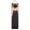 Vertical cat tapestry with black tassels, metal rod, and artistic moon eclipse pattern - 32.5x130cm / Planet Nebula Black Cat (Style-5)