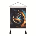 Dettaglio di arazzo da parete con cielo stellato, nappe nere e orologio con numeri romani - 35x50cm / Orologio Nebulosa Fantasia (Style-3)