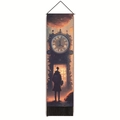 Detail of artistic tapestry featuring a traveler and clock tower with black tassels - 32.5x130cm / Backpack Person and Clock Tower (Style-3)