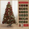 2,1 m weinroter Luxus Weihnachtsbaum Set mit 145 Ornamenten und LED Beleuchtung - 2,1m Champagner Weinrot Baum Set (Mit Lichterkette Ohne Zaun)