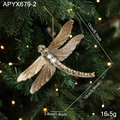 Golden dragonfly Christmas ornament with glitter and crystal gems on green pine branch - Gold Dragonfly with Rhinestone