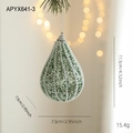 Green glitter teardrop Christmas ball with white bead grid and silver cap, 11.5cm height - Bulb Shape-Teardrop (APYX641-3)