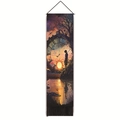 Close-up of artistic wall tapestry featuring clock silhouette and elegant black fringe - 32.5x130cm / Lakeside Boy and Giant Clock (Style-5)