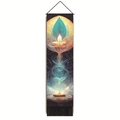 Macro detail of meditation wall tapestry with lotus art, black rod and fringe tassels - 32.5x130cm / Spiritual Flowing Lotus (Style-5)