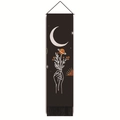 Detail of minimalist moon and stars printed wall tapestry with decorative bottom fringes - 32.5x130cm / Saturn Hand Astrology Style (Style-3)
