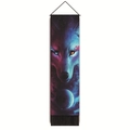 Detailaufnahme des 3D-Wolf-Wandteppichs mit leuchtenden Farben und schwarzen Quasten - Sternenhimmel Wolf mit Verschiedenen Augen (Stil-3) / 32.5x130cm