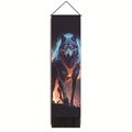 Detail eines 3D-Wolf-Wandteppichs mit Feuer- und Eismotiven und Quastenverzierung - Eisblauer Oranger Flammenwolf (Stil-4) / 32.5x130cm