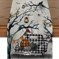 Detail of Halloween table runner with vintage truck and pumpkin print on rustic fabric - Style 10-Checkered Truck Lantern SPOOKY / 33x183cm